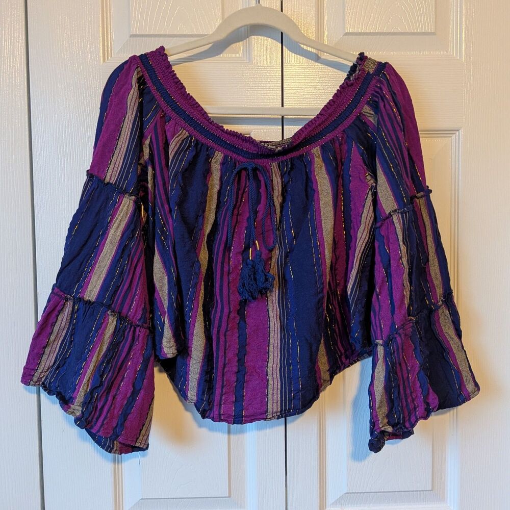 Wonderly Curvy Boho Purple Blue and Gold Off Shoulders Crop Top Size 2X Hippie